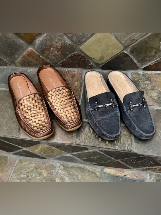 Donald J. Pliner Shoes - Donald J. Pliner Two-Pair Mules Leather Slides— Bronze Woven& Slate Blue Loafer